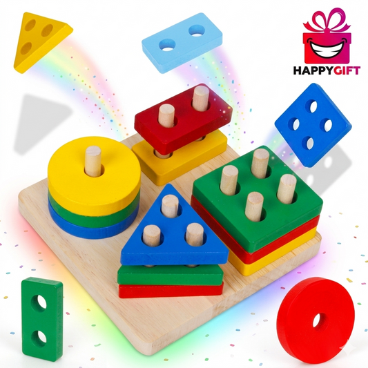 4-Column Montessori Geometric Sorter – Wooden Shape Stacker & Color Recognition Educational Toy