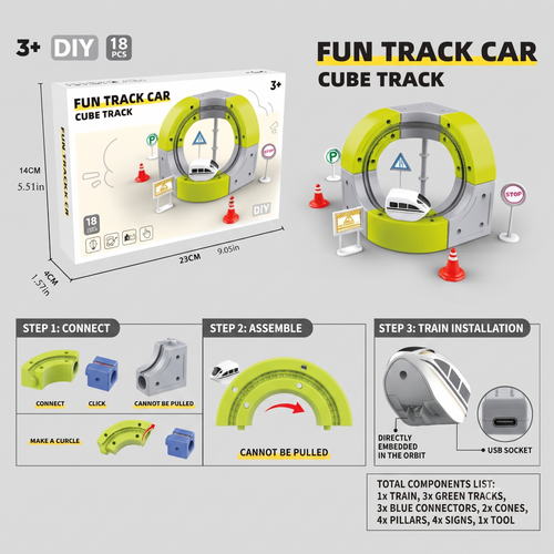 Fun Track Car Cube Track - 18-Piece DIY Loop Track Toy With USB Rechargeable Train & Accessories