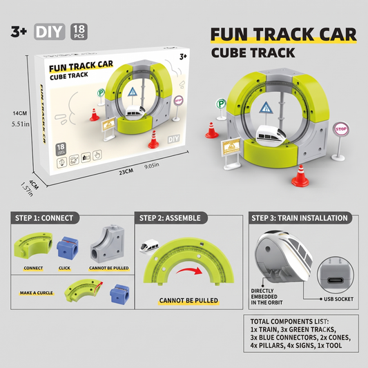 Fun Track Car Cube Track - 18-Piece DIY Loop Track Toy With USB Rechargeable Train & Accessories