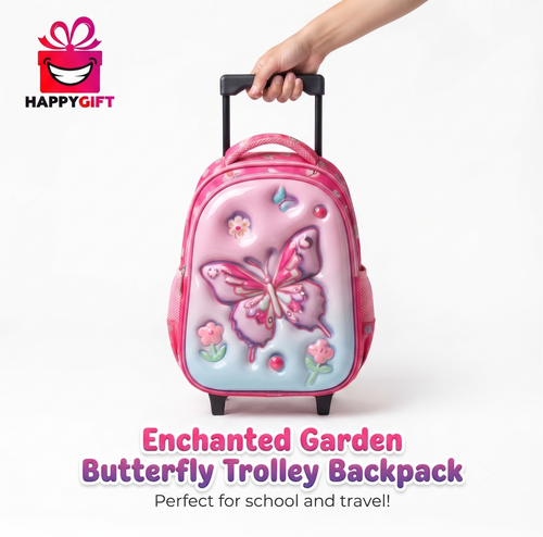 Enchanted Garden Butterfly 3D Trolley Backpack for Kids - Lightweight Rolling School Bag