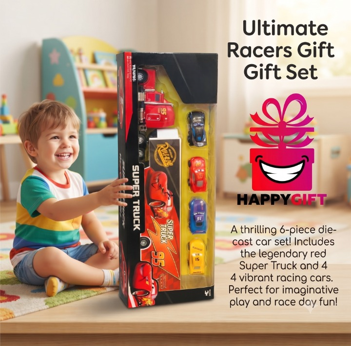 A thrilling 6-piece die-cast car set featuring the legendary red Super Truck and 4 vibrant racing cars.