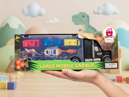 Large Mobile Garage Dino Truck Playset with 6 Diecast Cars & Helicopter — 1:24 Scale Carrier Toy