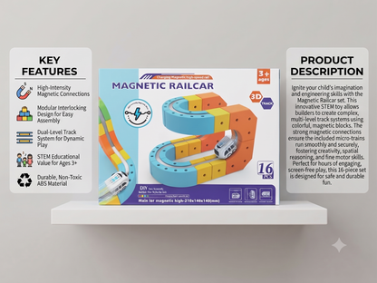 Magnetic Railcar Set - 16-Piece 3D DIY Track Toy With High-Intensity Magnetic Connections & Micro-Trains