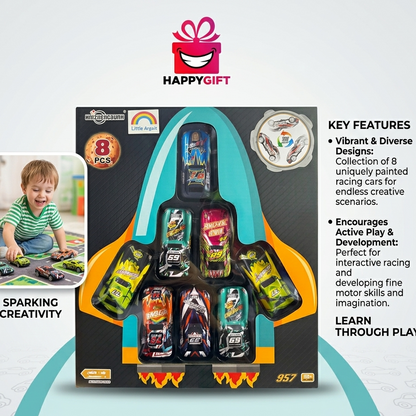 8-Piece Mega Racing Car Set with Pull-Back Action - Rocket-Themed Collector Box