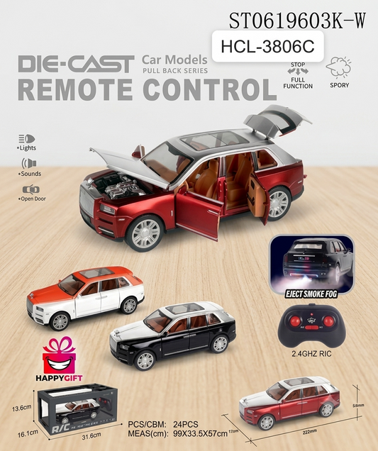R/C Ultra-Luxury 1:24 Die-Cast Cullinan SUV RC Car – Premium Dual-Tone Toy Model with Lights, Sound & Exhaust Smoke