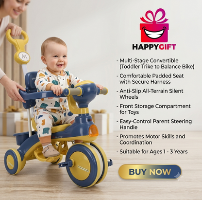 Multi-Stage Convertible Toddler Tricycle | 1-4 Years | Safety Guardrail & Parent Push Handle