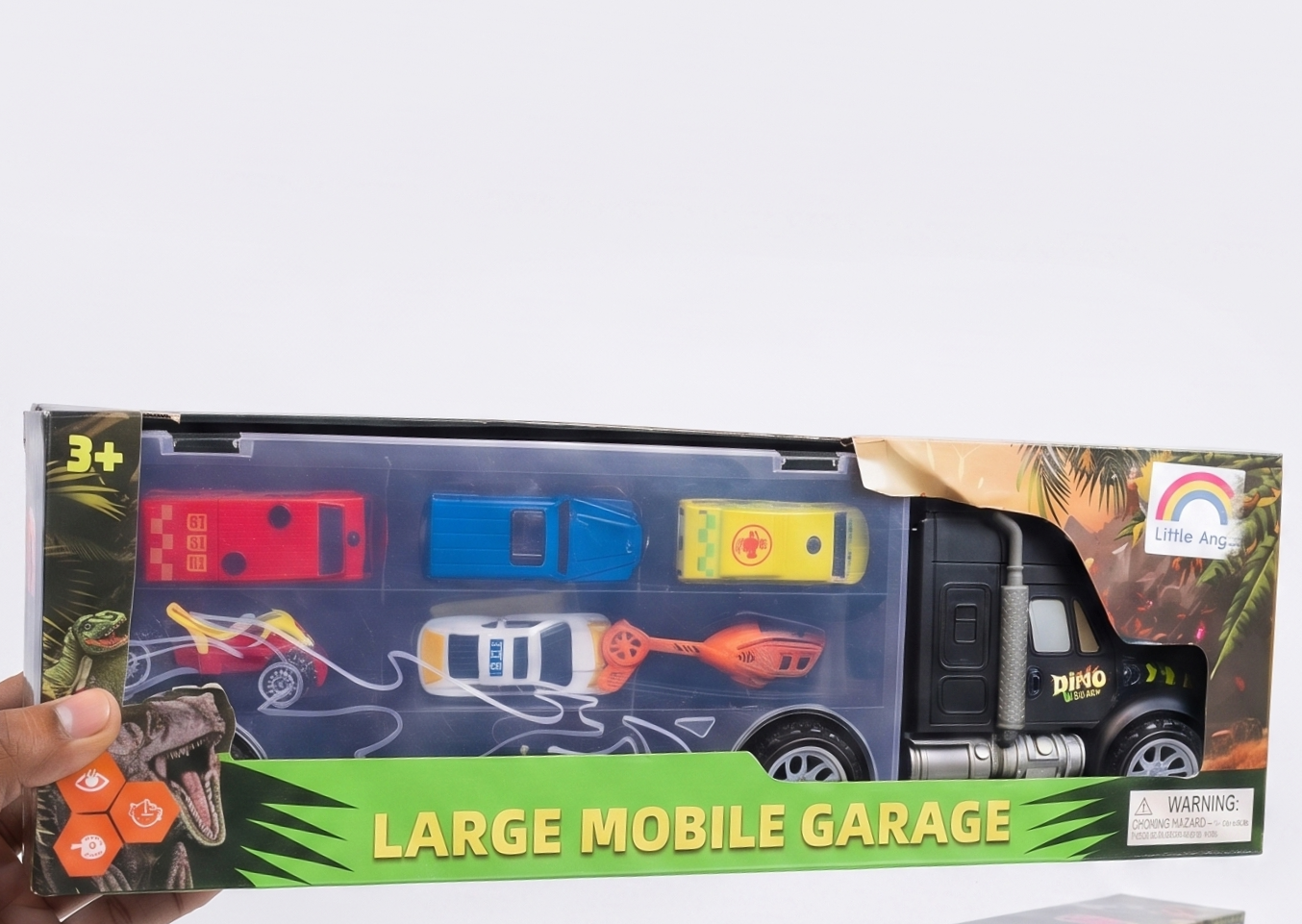 Large Mobile Garage Dino Truck Playset with 6 Diecast Cars & Helicopter — 1:24 Scale Carrier Toy