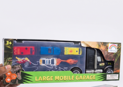 Large Mobile Garage Dino Truck Playset with 6 Diecast Cars & Helicopter — 1:24 Scale Carrier Toy