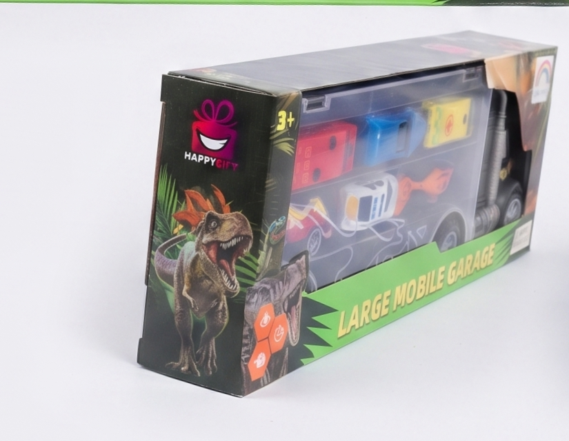 Large Mobile Garage Dino Truck Playset with 6 Diecast Cars & Helicopter — 1:24 Scale Carrier Toy