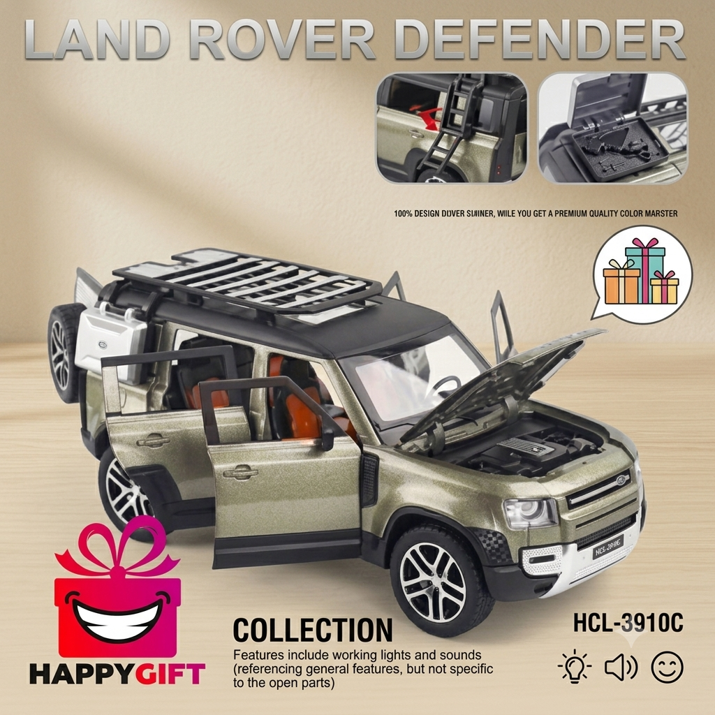 R/C 1:24 Die-Cast Land Rover Defender RC Car – Interactive Toy Model with Lights, Sound & Smoke Effects