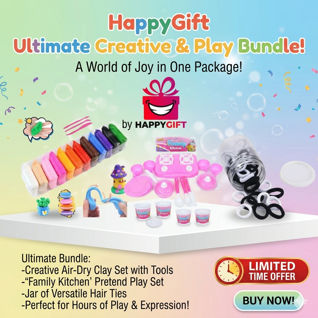 HappyGift Ultimate Creative & Play Bundle - Air-Dry Clay, Pretend Kitchen Set & Hair Ties Mega Pack