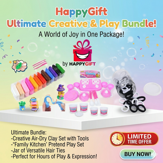 HappyGift Ultimate Creative & Play Bundle - Air-Dry Clay, Pretend Kitchen Set & Hair Ties Mega Pack