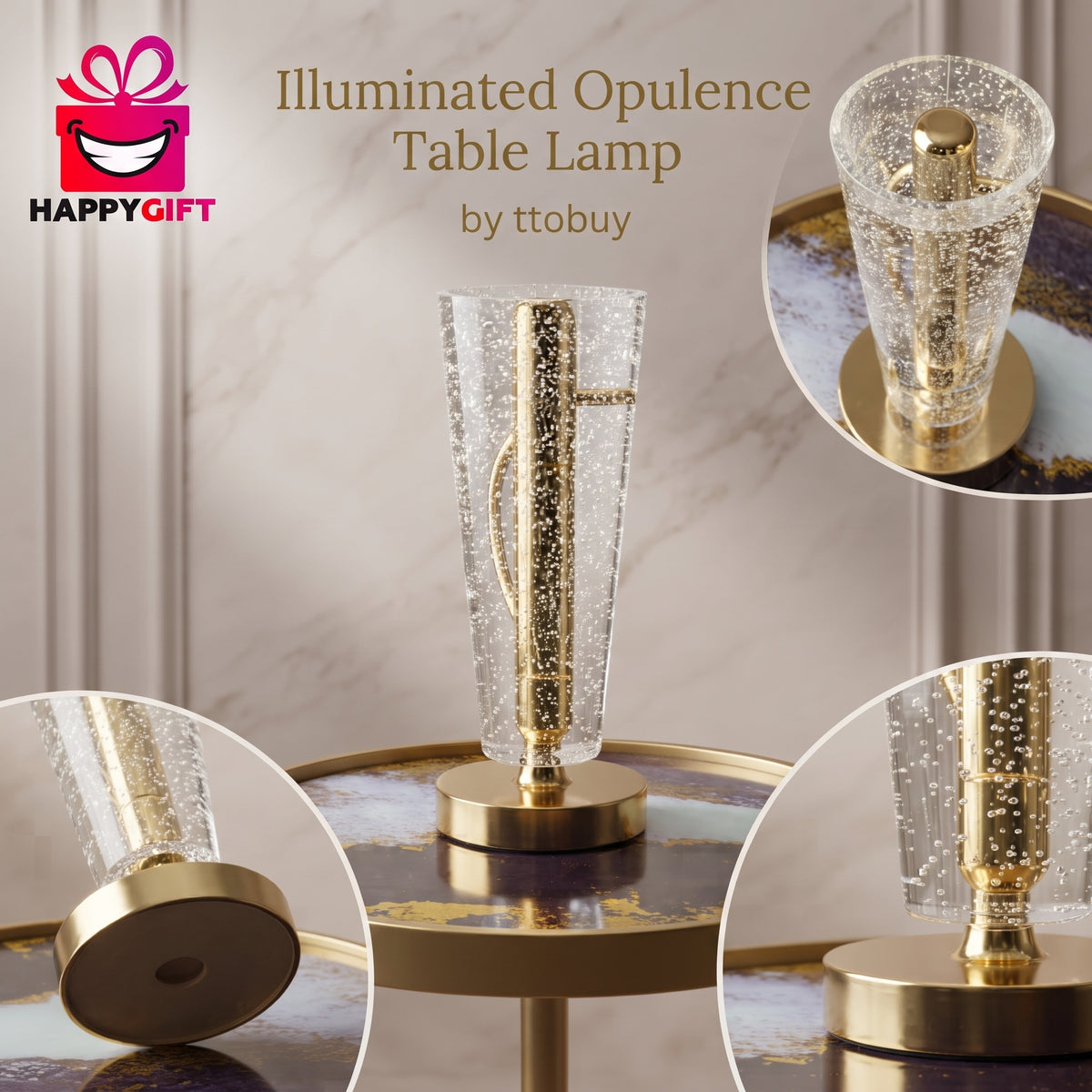 "Illuminate Your Moments: Premium Glass & Brass Happy Gift Lamp"