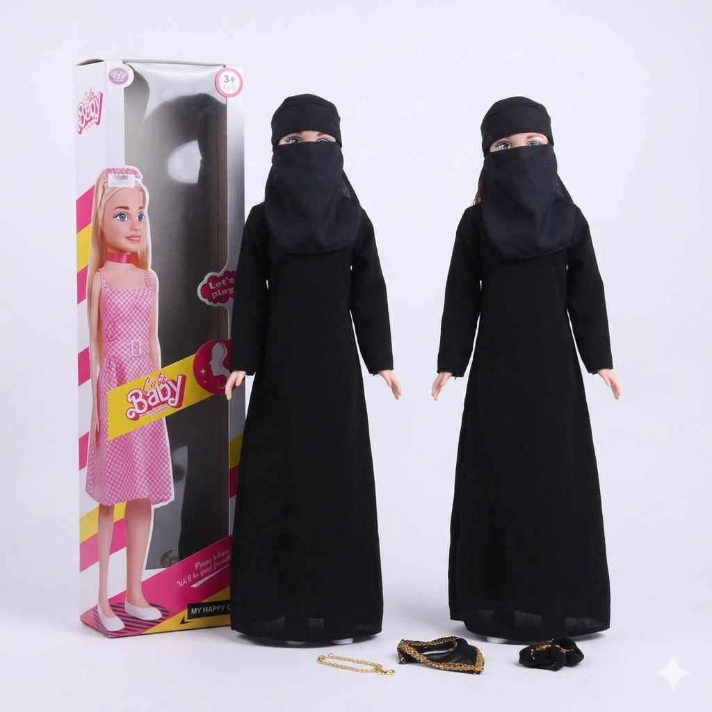 Premium Niqab Fashion Doll Set – Elegant Black Abaya & Pink Dress Toys for Kids