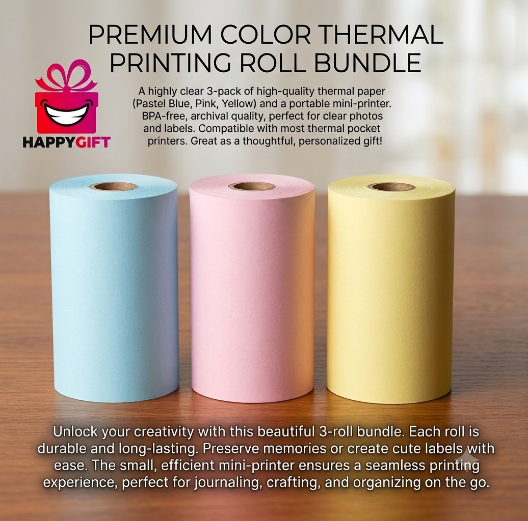 Ultra-Premium Adhesive Thermal Paper Trio – 3-Roll Set (Pink, Yellow, Blue)
