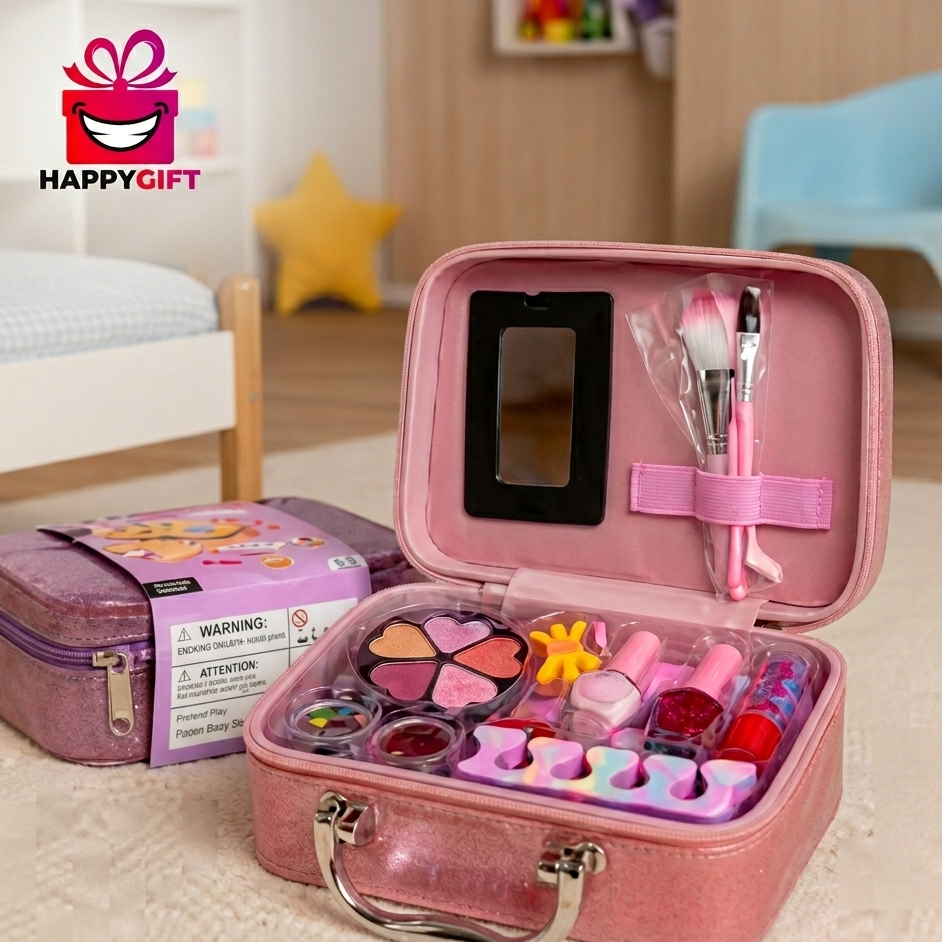 Makeup Kit with Glitter Vanity Case – Washable Cosmetic Playset with Mirror & Nail Polish Accessories for Girls