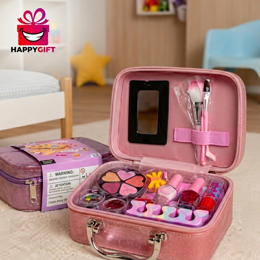 Makeup Kit with Glitter Vanity Case – Washable Cosmetic Playset with Mirror & Nail Polish Accessories for Girls