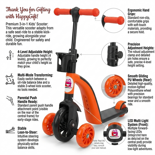 3-in-1 Kids Transforming Scooter & Balance Bike | 4-Level Adjustable Height, Light-Up PU Wheels, & Lean-to-Steer for Toddlers