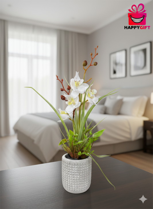Mini White Faux Flower & Grass Arrangement in Cement Pot
