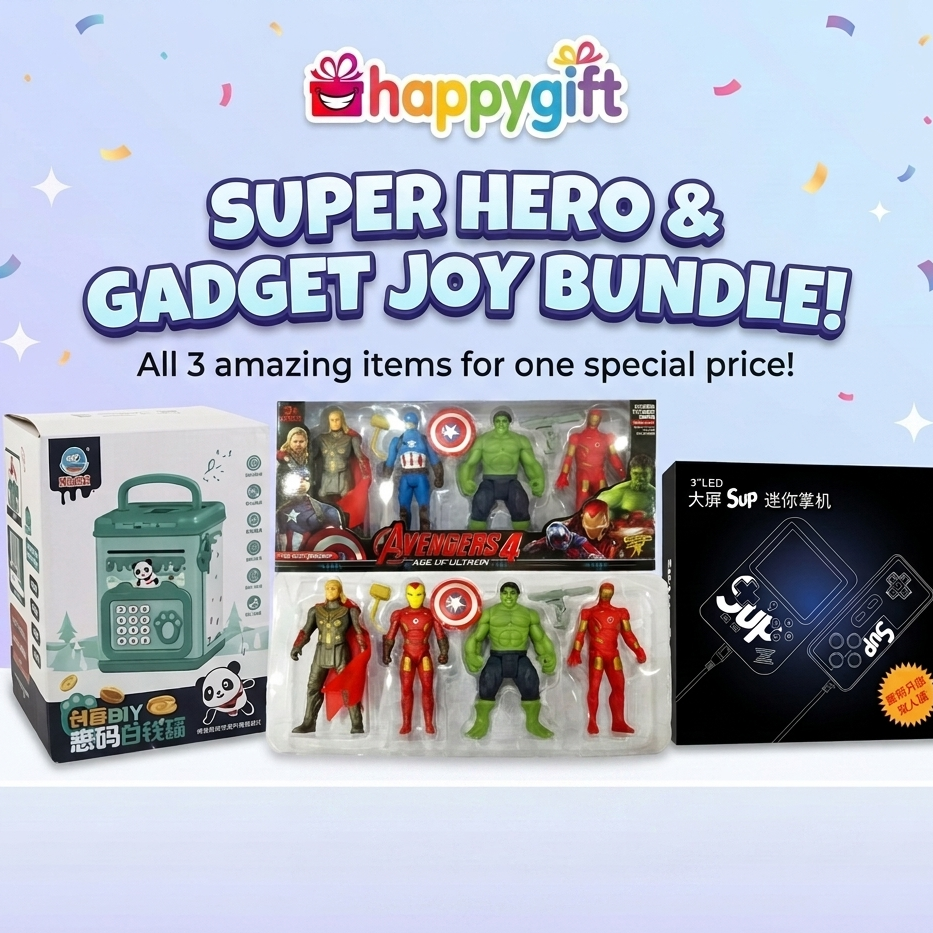 HappyGift Ultimate Kids Tech & Hero Bundle: Avengers Action Figures, SUP Retro Game Console & Digital Safe Box
