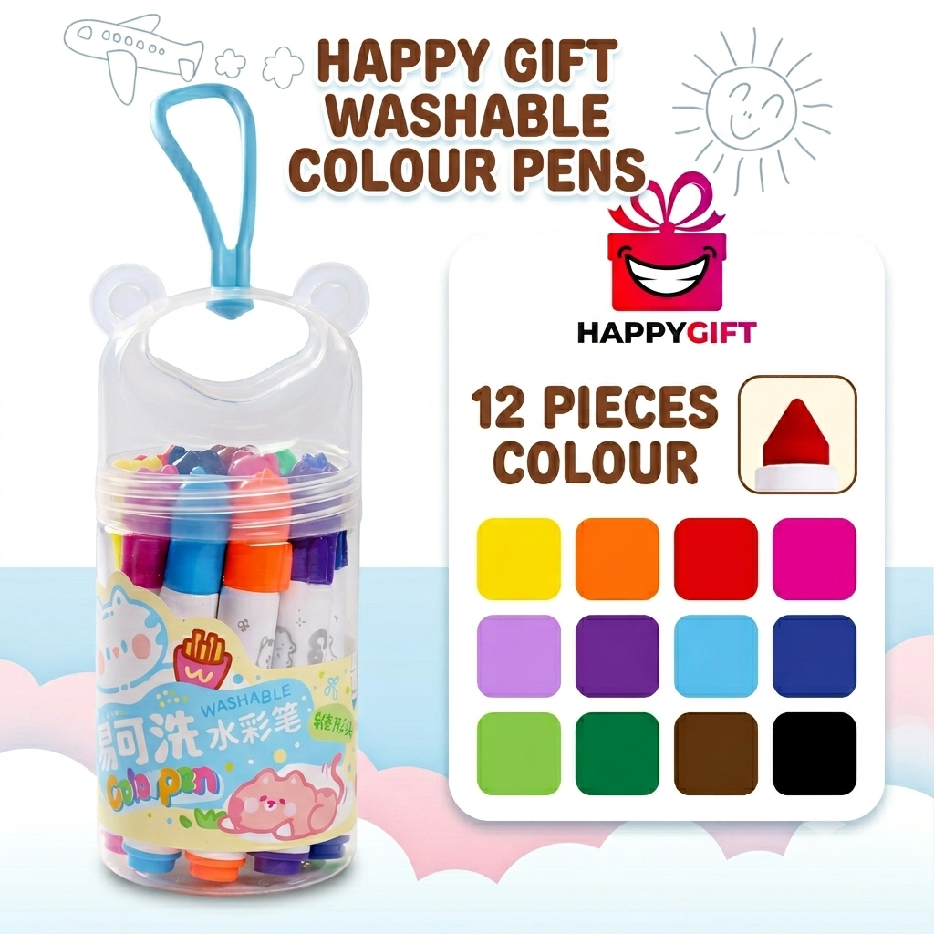 Kids Washable Colour Pens – 12 Vibrant Pieces in Portable Bear Case