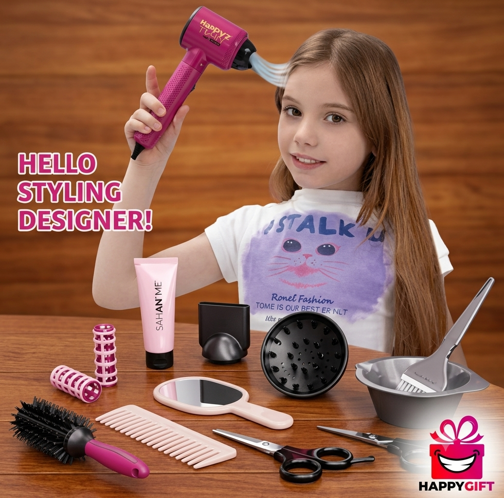 Kids Beauty Salon Deluxe Styling Set – Interactive Toy Hair Dryer with Real Blowing Air & 10+ Fun Accessories