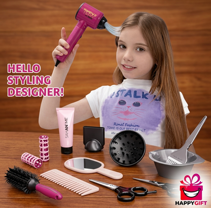 Kids Beauty Salon Deluxe Styling Set – Interactive Toy Hair Dryer with Real Blowing Air & 10+ Fun Accessories