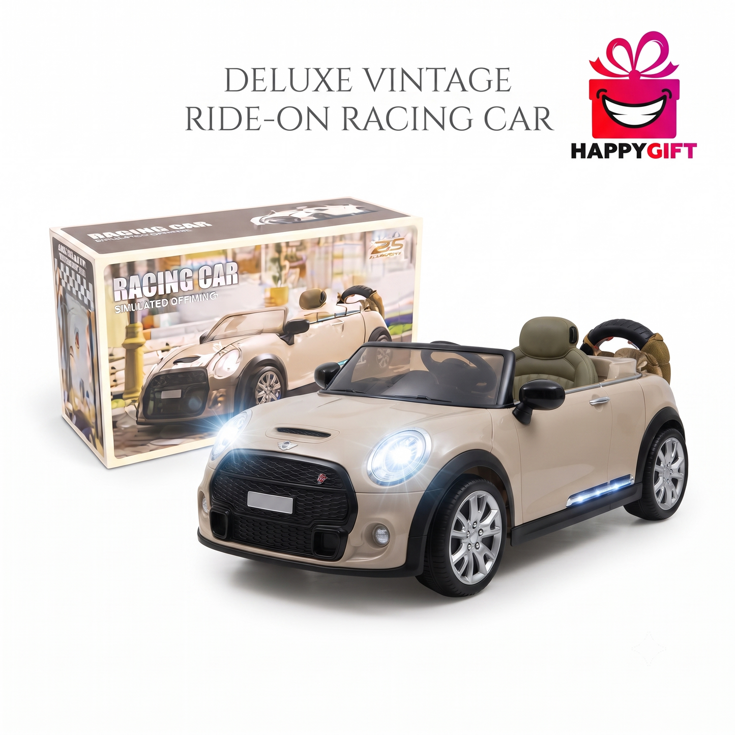 Deluxe Vintage Ride-On Racing Car: Interactive Toy Vehicle with Lights & Display Box
