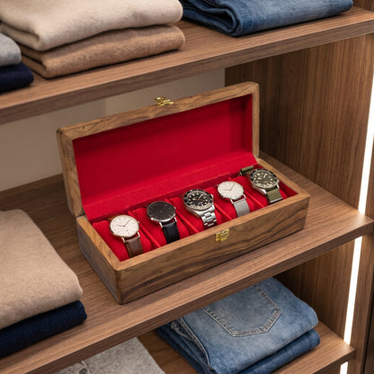 Wooden Watch Box with 5 Slots & Red Lining | Happy Gift