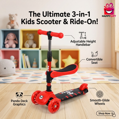 Panda 3-Wheel Kick Scooter for Kids with Flashing LED Wheels & Adjustable Handlebar