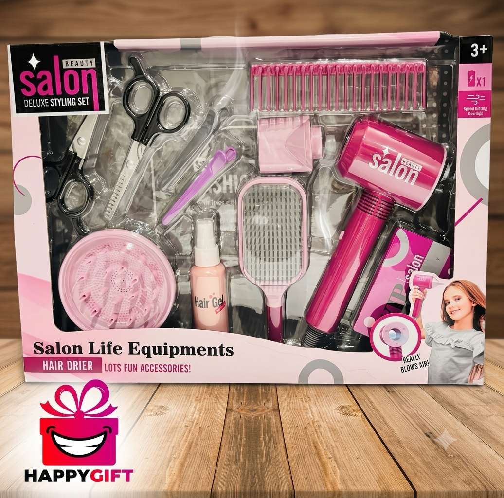 Kids Beauty Salon Deluxe Styling Set – Interactive Toy Hair Dryer with Real Blowing Air & 10+ Fun Accessories