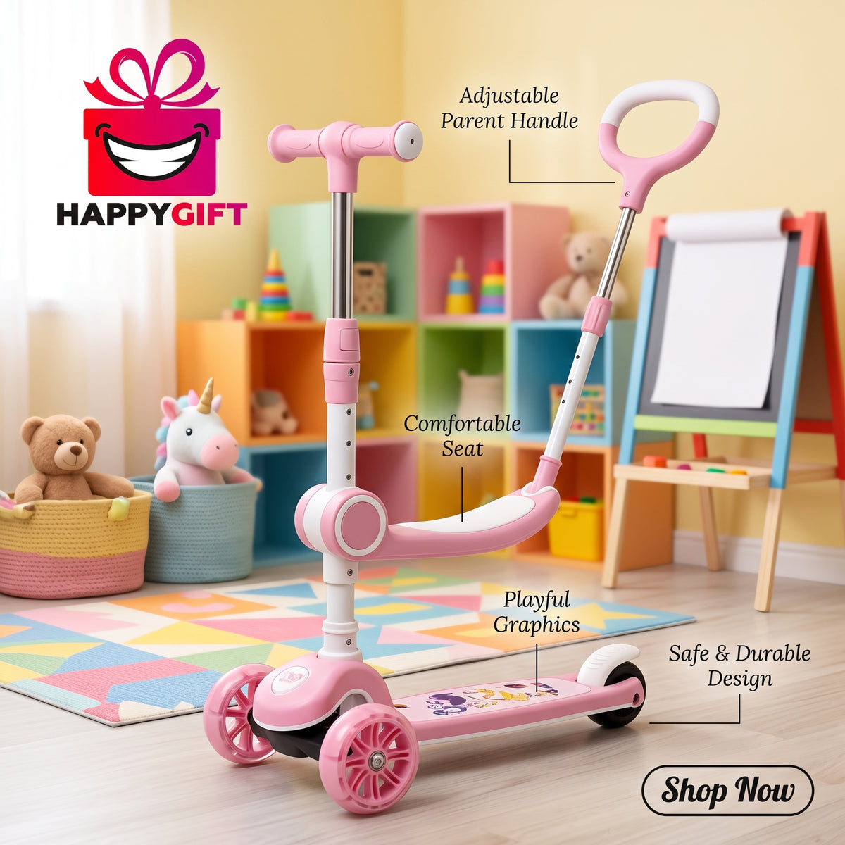 Product Title Premium 3-in-1 Kids Kick Scooter with Foldable Seat, Adjustable Height & LED Light-Up Wheels