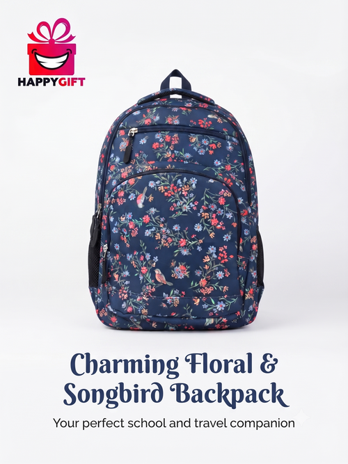 Charming Floral & Songbird Navy Blue Backpack - Stylish School & Travel Daypack