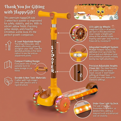 HappyGift Kids 3-Wheel Kick Scooter with Light-Up Wheels | Adjustable Height for Toddlers & Boys & Girls