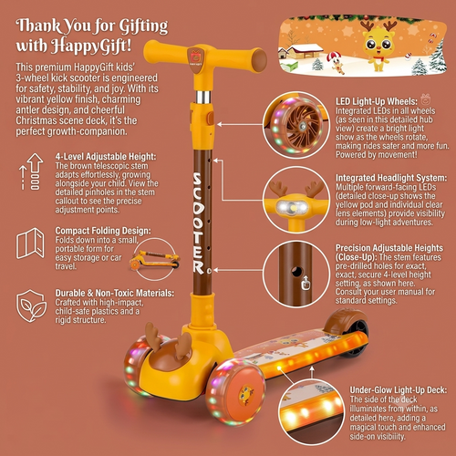 HappyGift Kids 3-Wheel Kick Scooter with Light-Up Wheels | Adjustable Height for Toddlers & Boys & Girls