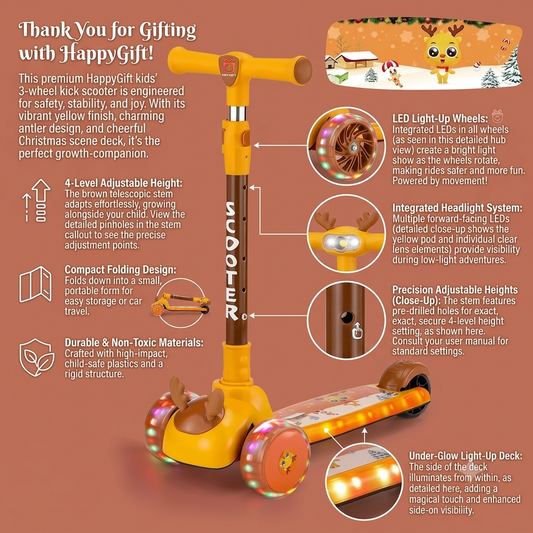 HappyGift Kids 3-Wheel Kick Scooter with Light-Up Wheels | Adjustable Height for Toddlers & Boys & Girls