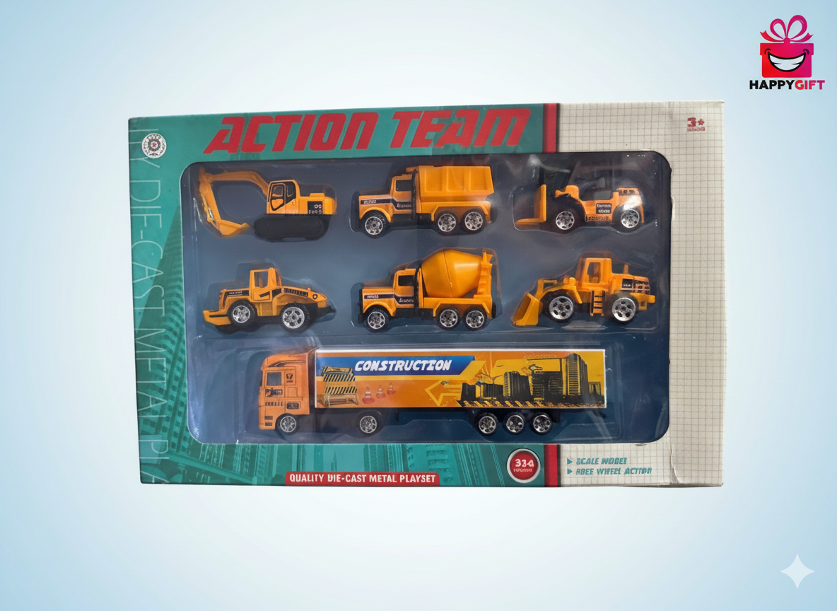 7-Piece Die-Cast Metal Construction Action Team Playset with Truck Trailer