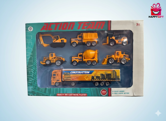7-Piece Die-Cast Metal Construction Action Team Playset with Truck Trailer