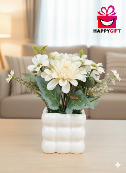 Elegant Faux Daisy & Dahlia Arrangement in Quilted White Ceramic Pot