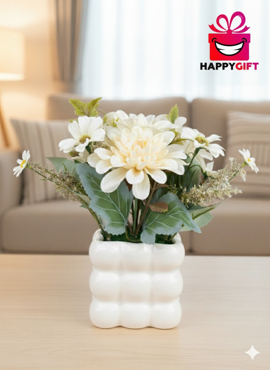 Elegant Faux Daisy & Dahlia Arrangement in Quilted White Ceramic Pot