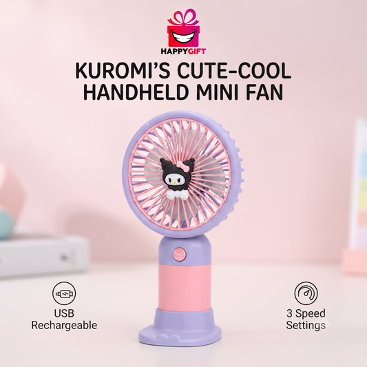 KUROMI’S CUTE-COOL HANDHELD MINI FAN – USB Rechargeable 3-Speed Portable Cooling Fan with Stand