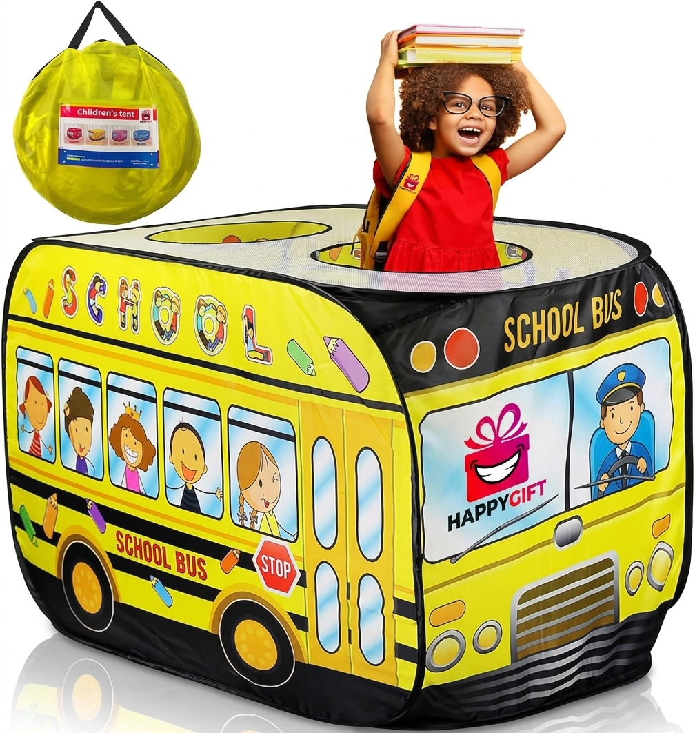 Kids Pop-Up School Bus Play Tent House & Toy Organizer (Premium Yellow Edition)