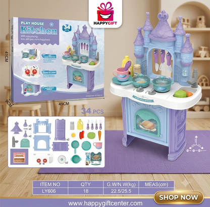 Play House Kitchen Series – 34-Piece Interactive Castle-Themed Cooking Set for Kids
