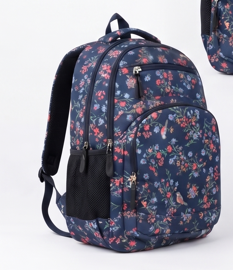 Charming Floral & Songbird Navy Blue Backpack - Stylish School & Travel Daypack