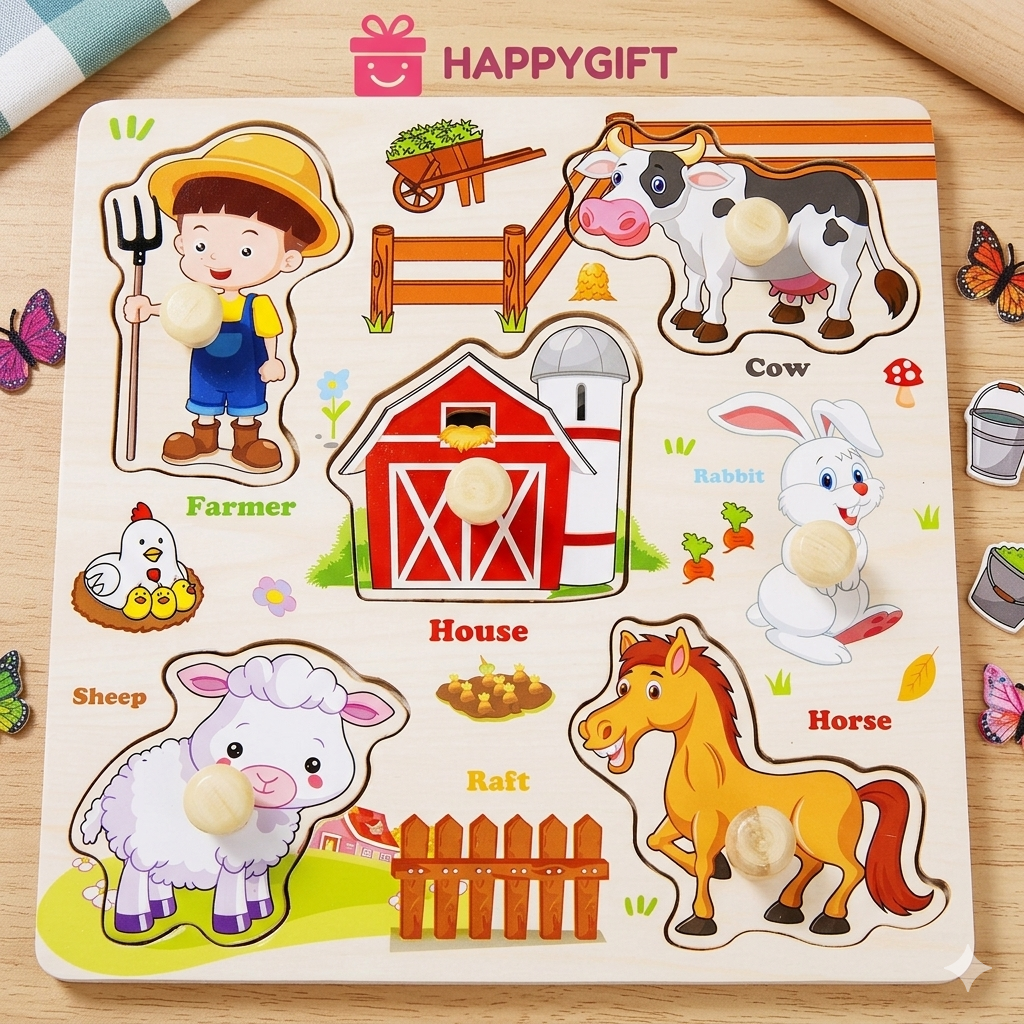 Farmhouse Peg Puzzle – Educational Wooden Animal Matcher for Early Development