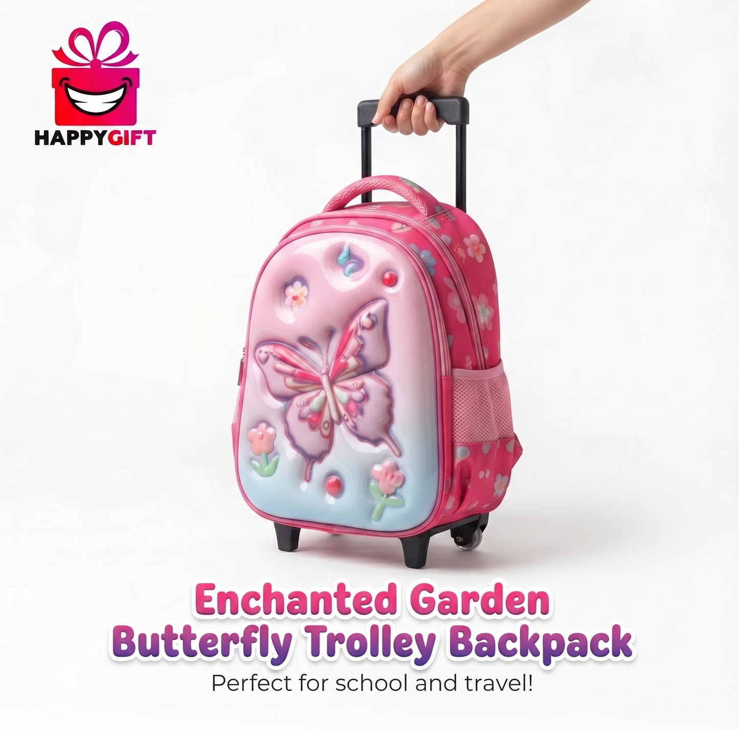 Enchanted Garden Butterfly 3D Trolley Backpack for Kids - Lightweight Rolling School Bag