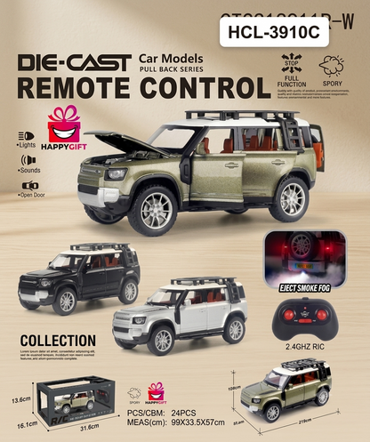 R/C 1:24 Die-Cast Land Rover Defender RC Car – Interactive Toy Model with Lights, Sound & Smoke Effects