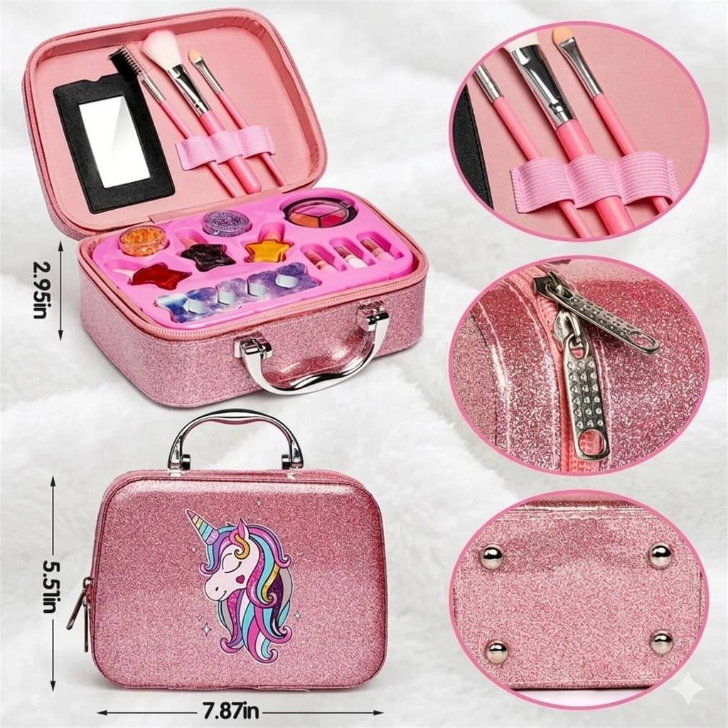 Makeup Kit with Glitter Vanity Case – Washable Cosmetic Playset with Mirror & Nail Polish Accessories for Girls