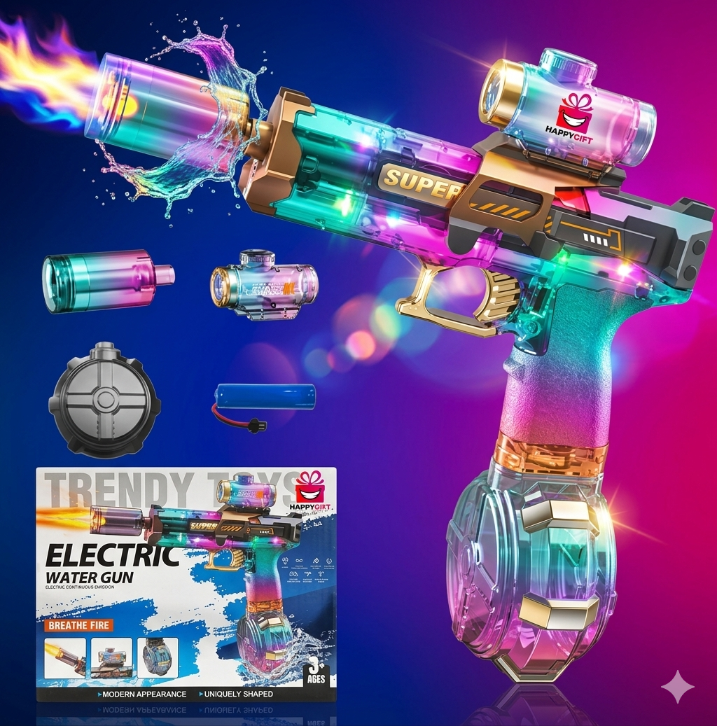 Electric Water Gun with LED Fire Effect – High-Speed Automatic Water Blaster Toy with Scope & Large Drum Magazine