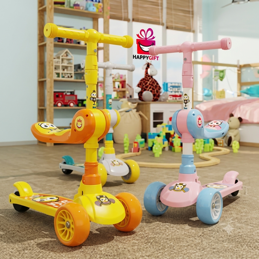 Colorful Kids' Scooters in a Playroom Setting